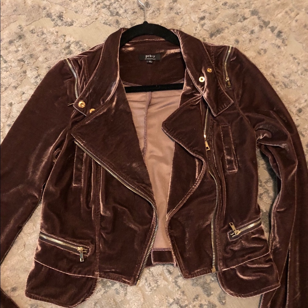 bomber style deep mauve velvet and gold jacket